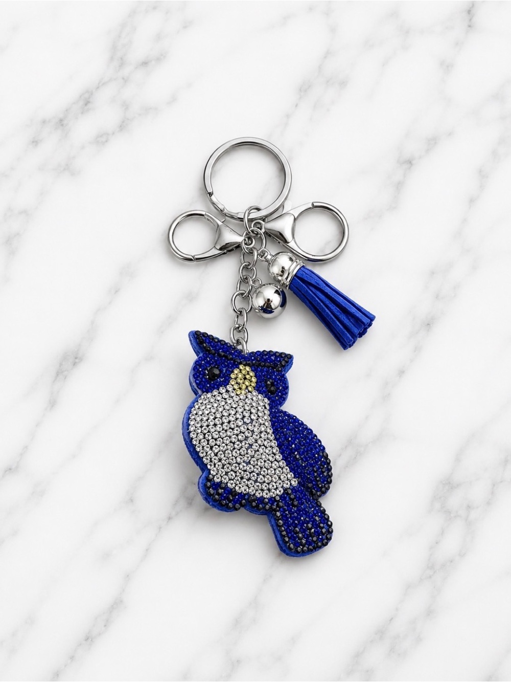 Blue and White Rhinestoned Owl Bag Charm/Keyring on Silver Hardware